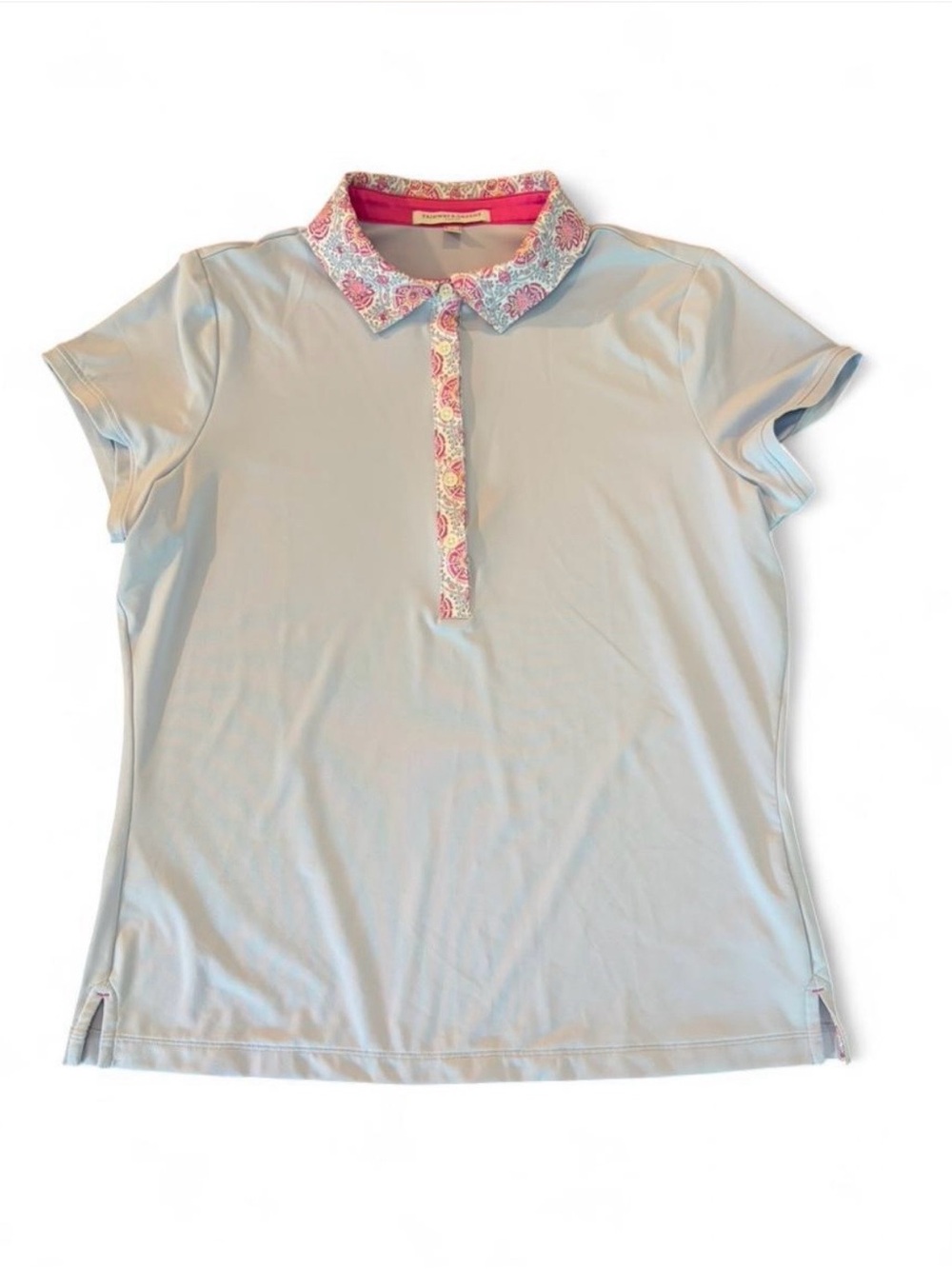 Fairway & Greene Ellie polo women’s Sz. L light blue golf shirt w/ floral detail